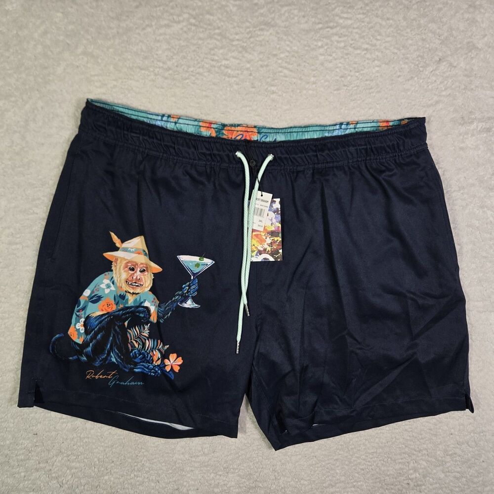 Robert Graham Swim Trunks Mens 2XL Monkey Martini Blue Lined Shorts 5" Inseam